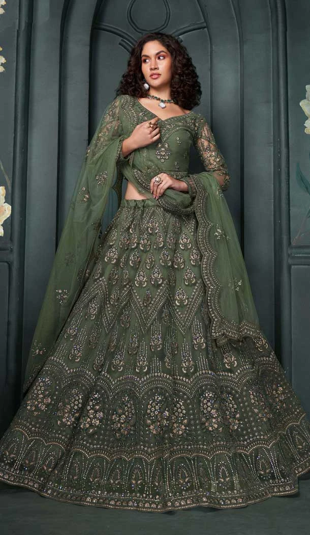 Mehendi Green Net Embroidered Designer Wear Lehenga Choli - 11104198853