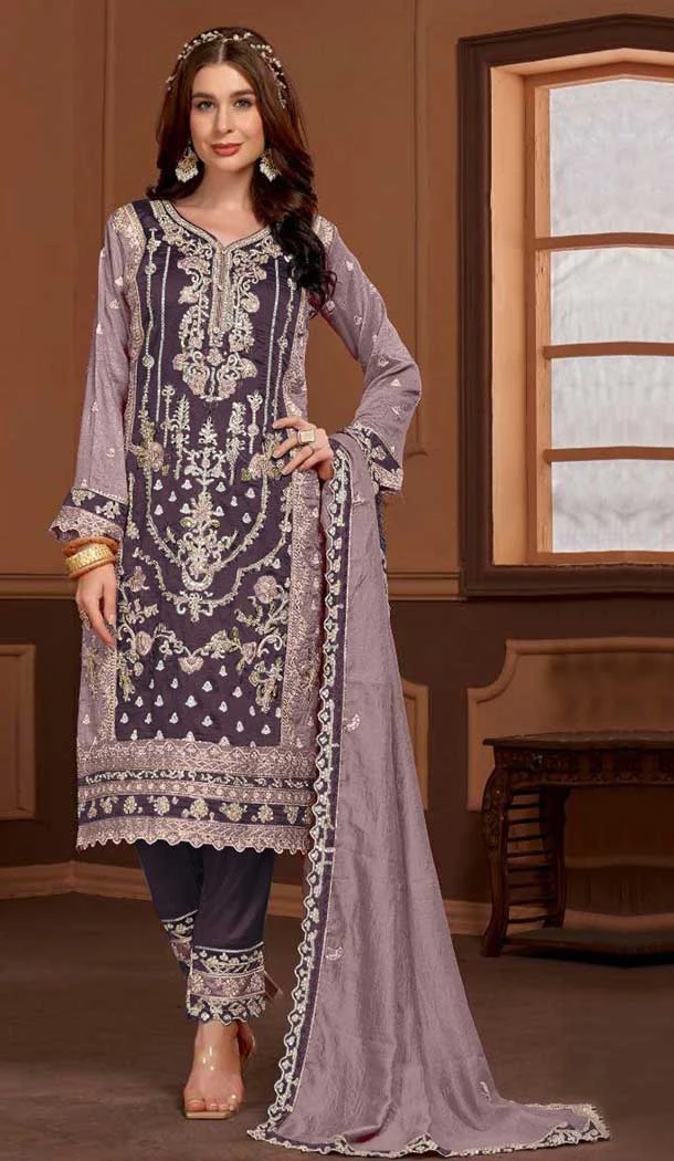 Purple PV Vichitra Embroidered Pakistani Style Salwar Suit - 11053198436