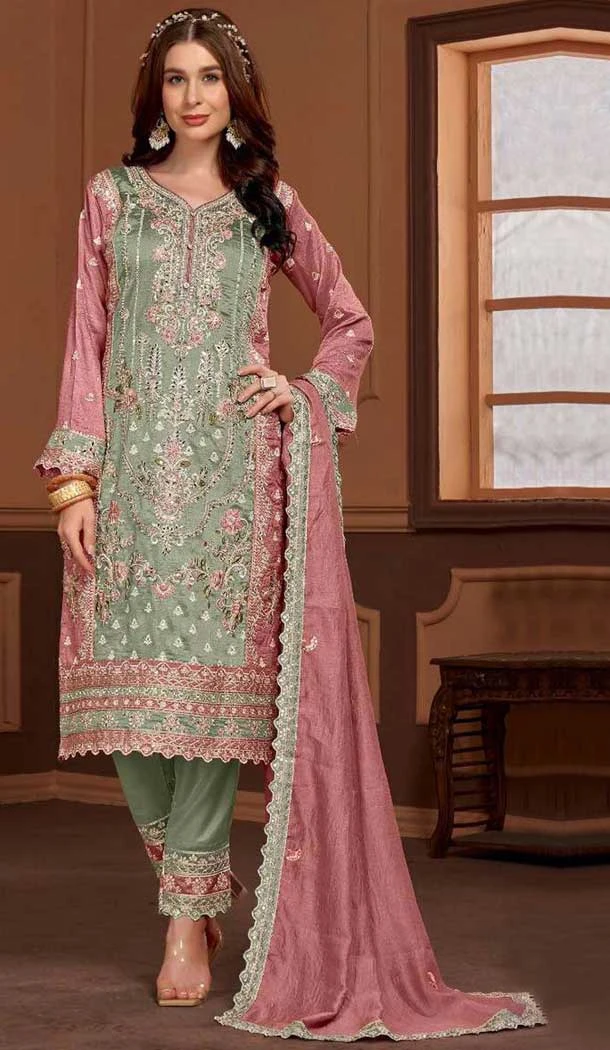 Green PV Vichitra Embroidered Pakistani Style Salwar Suit - 11053198437