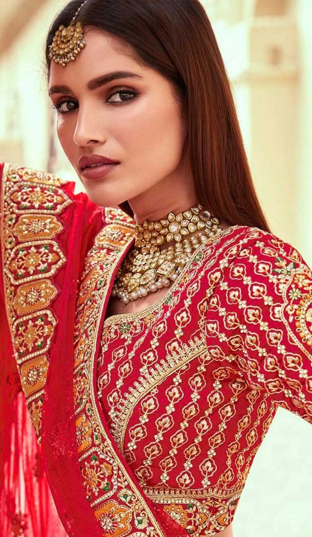 Red Silk Embroidered Wedding Wear Designer Bridal Lehenga Choli - 11103198832