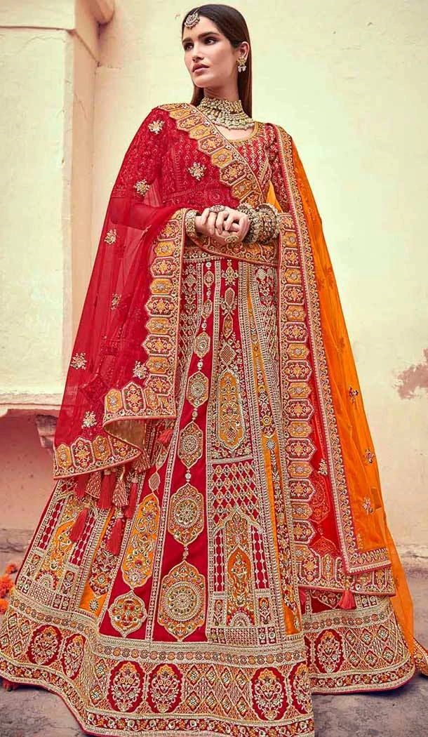 Red Silk Embroidered Wedding Wear Designer Bridal Lehenga Choli - 11103198832