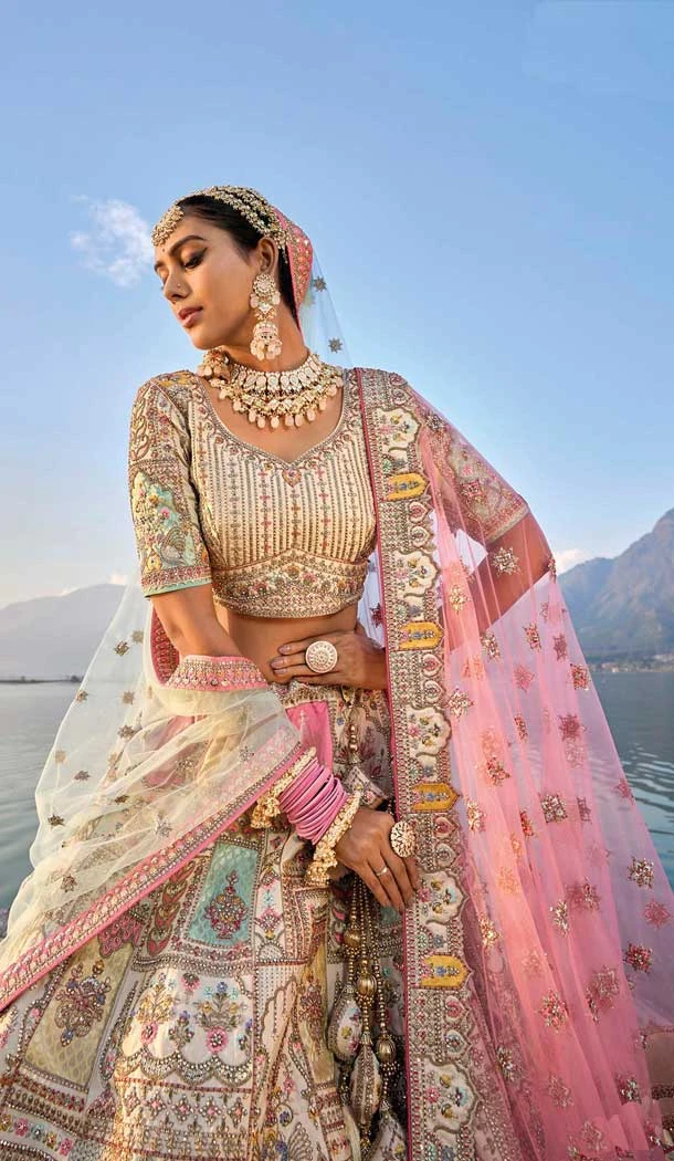Multi Color Silk Embroidered Wedding Wear Designer Bridal Lehenga Choli - 11103198833