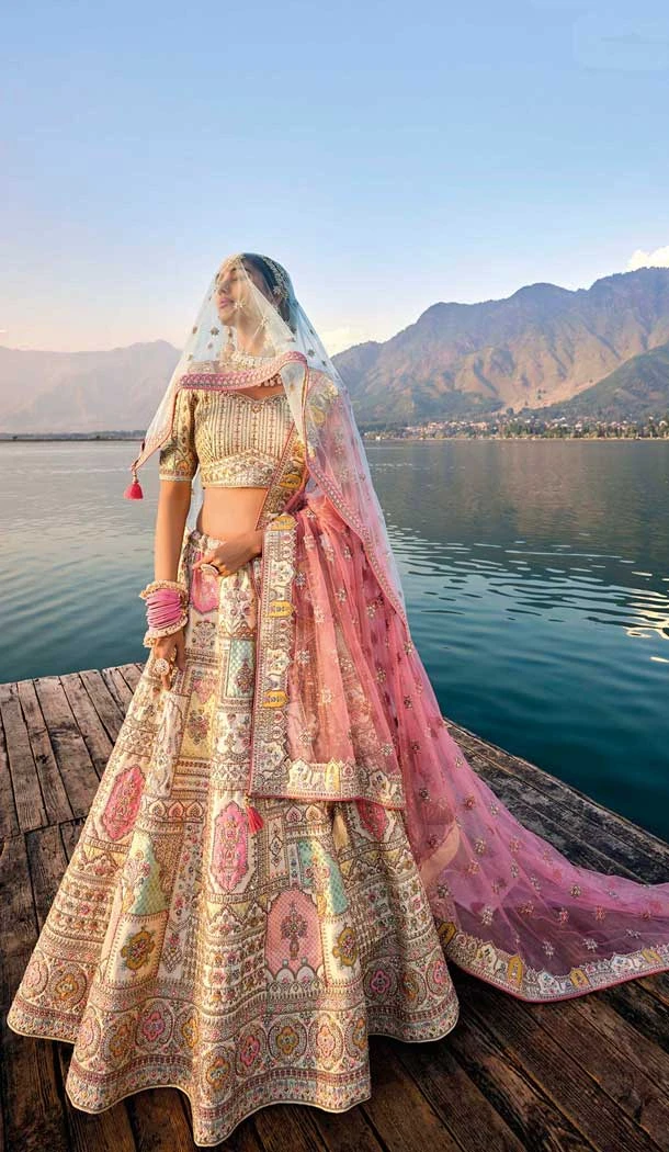 Multi Color Silk Embroidered Wedding Wear Designer Bridal Lehenga Choli - 11103198833