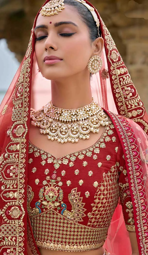 Red Silk Khatli Embroidered Wedding Wear Designer Bridal Lehenga Choli - 11103198836