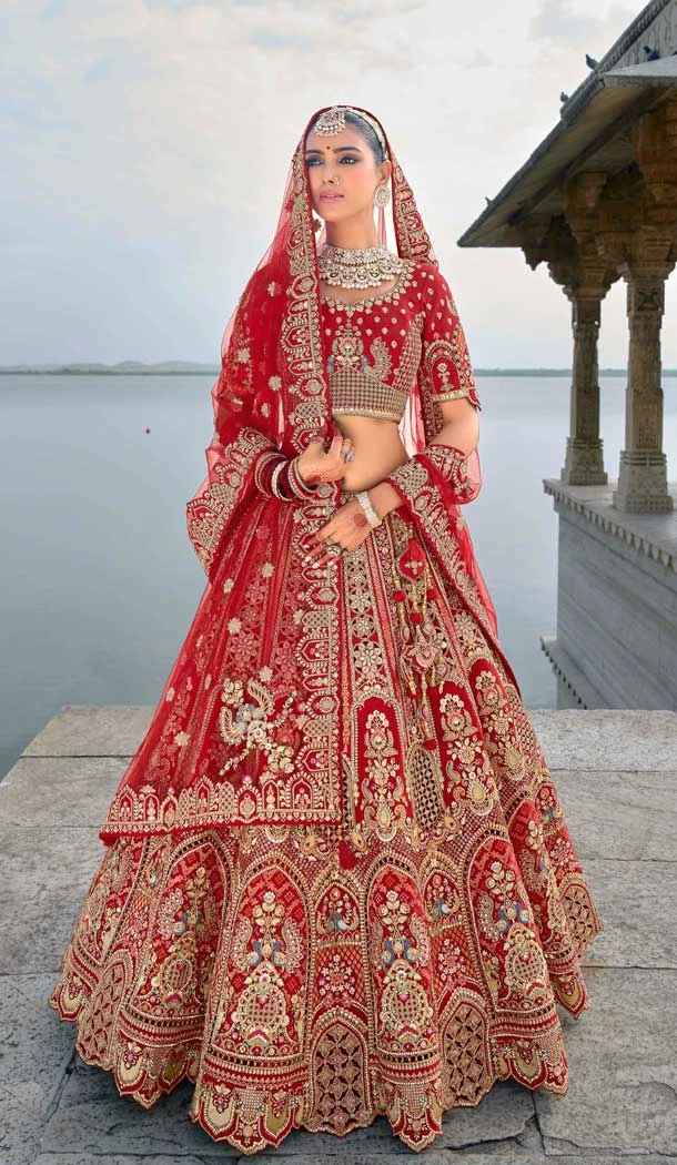 Red Silk Khatli Embroidered Wedding Wear Designer Bridal Lehenga Choli - 11103198836