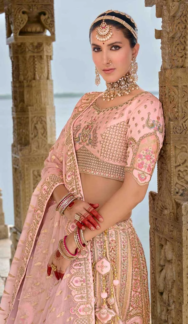 Light Pink Silk Embroidered Wedding Wear Designer Bridal Lehenga Choli - 11103198837