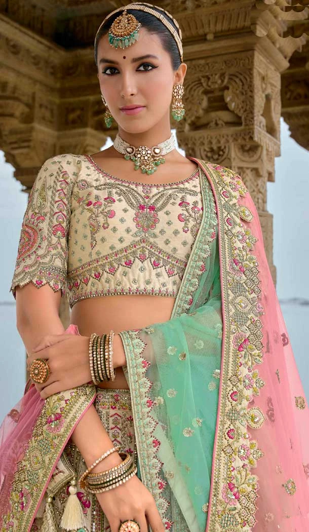 Cream Silk Embroidered Wedding Wear Designer Bridal Lehenga Choli - 11103198839