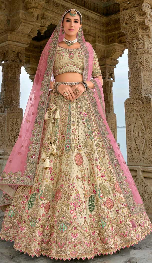 Cream Silk Embroidered Wedding Wear Designer Bridal Lehenga Choli - 11103198839