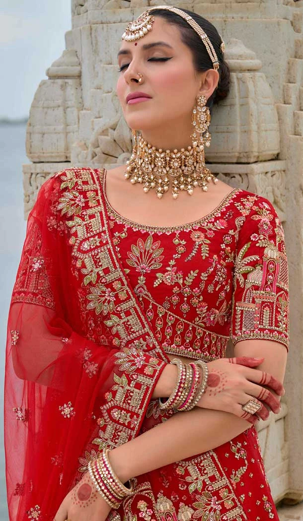 Red Embroidered Silk Wedding Wear Designer Bridal Lehenga Choli - 11103198841