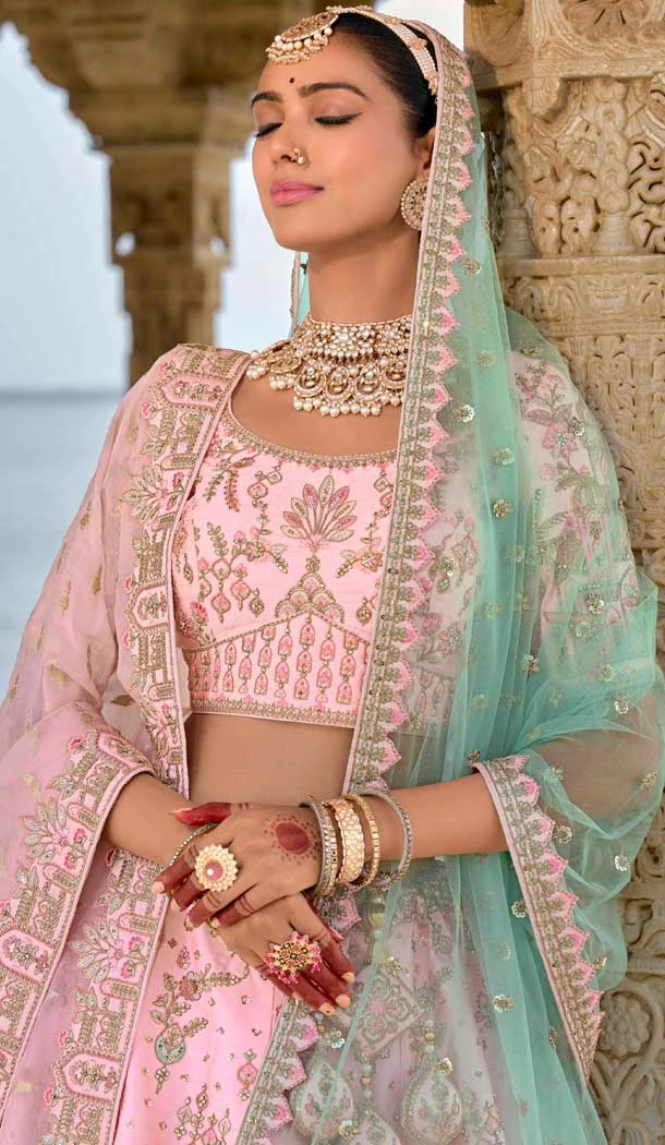 Baby Pink Silk Embroidered Wedding Wear Designer Bridal Lehenga Choli - 11103198842