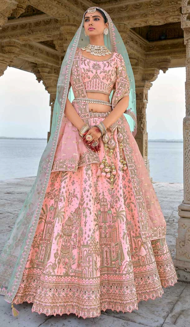 Baby Pink Silk Embroidered Wedding Wear Designer Bridal Lehenga Choli - 11103198842