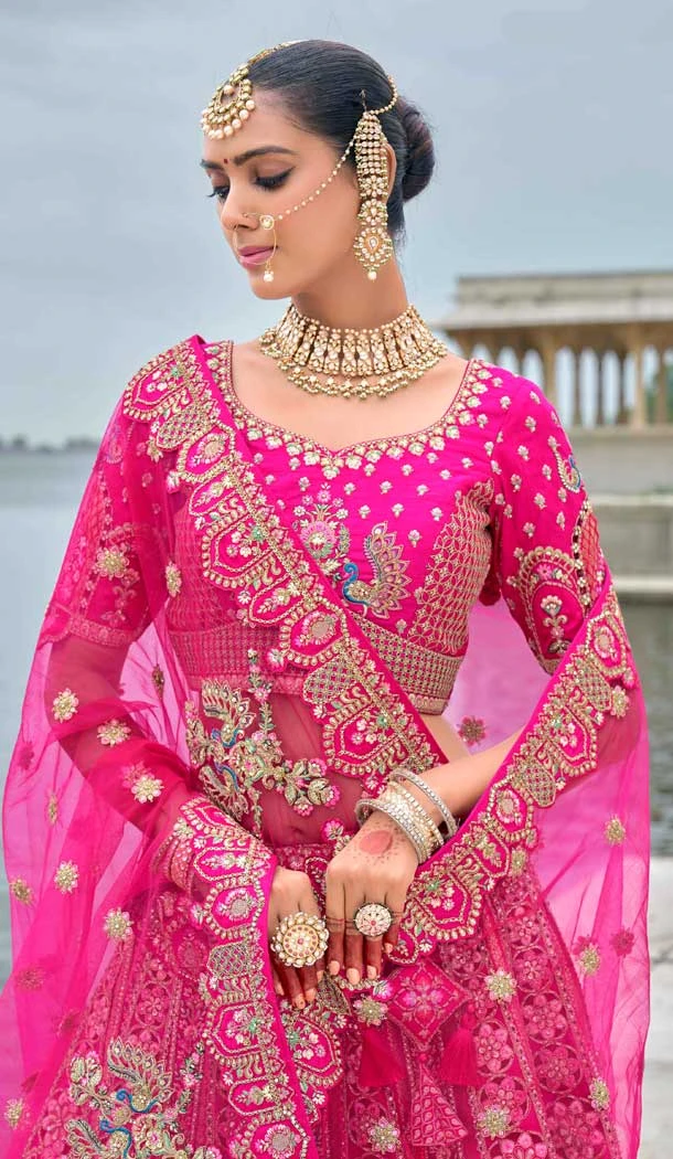 Wedding Wear Rani Pink Silk Embroidered Designer Bridal Lehenga Choli - 11103198846