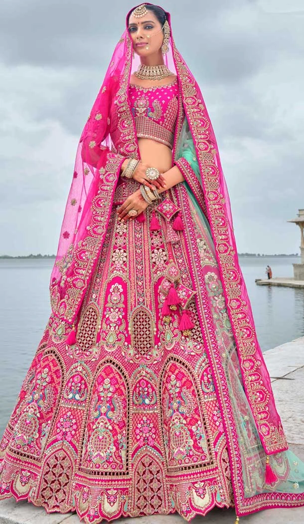 Wedding Wear Rani Pink Silk Embroidered Designer Bridal Lehenga Choli - 11103198846
