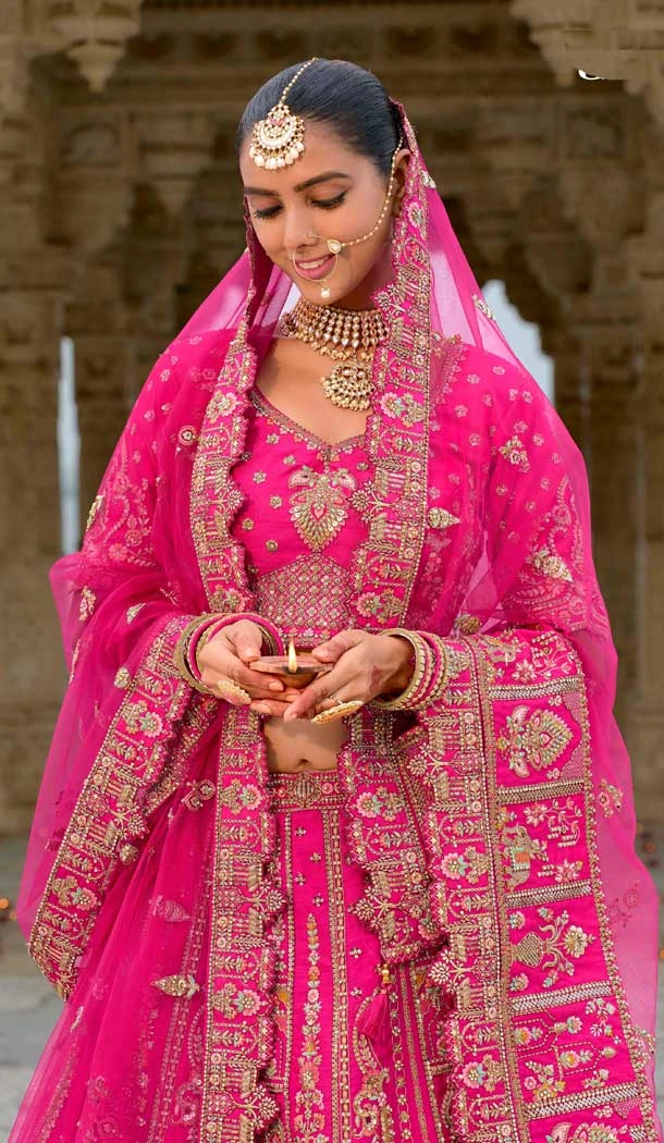 Rani Pink Silk Khatli Embroidered Wedding Wear Bridal Lehenga Choli - 11103198847