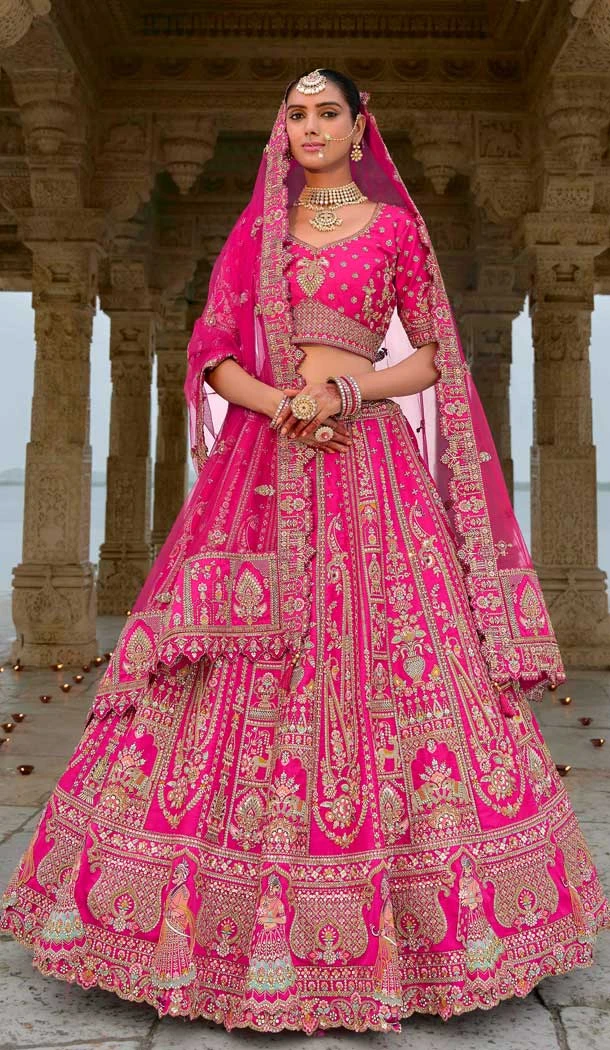 Rani Pink Silk Khatli Embroidered Wedding Wear Bridal Lehenga Choli - 11103198847