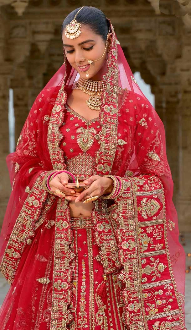 Red Silk Khatli Embroidered Wedding Wear Bridal Lehenga Choli - 11103198848