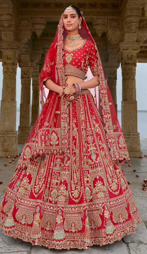 Red Silk Khatli Embroidered Wedding Wear Bridal Lehenga Choli - 11103198848