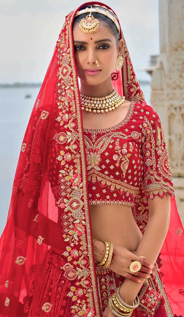 Red Silk Khatli Embroidered Wedding Wear Designer Lehenga Choli - 11103198849