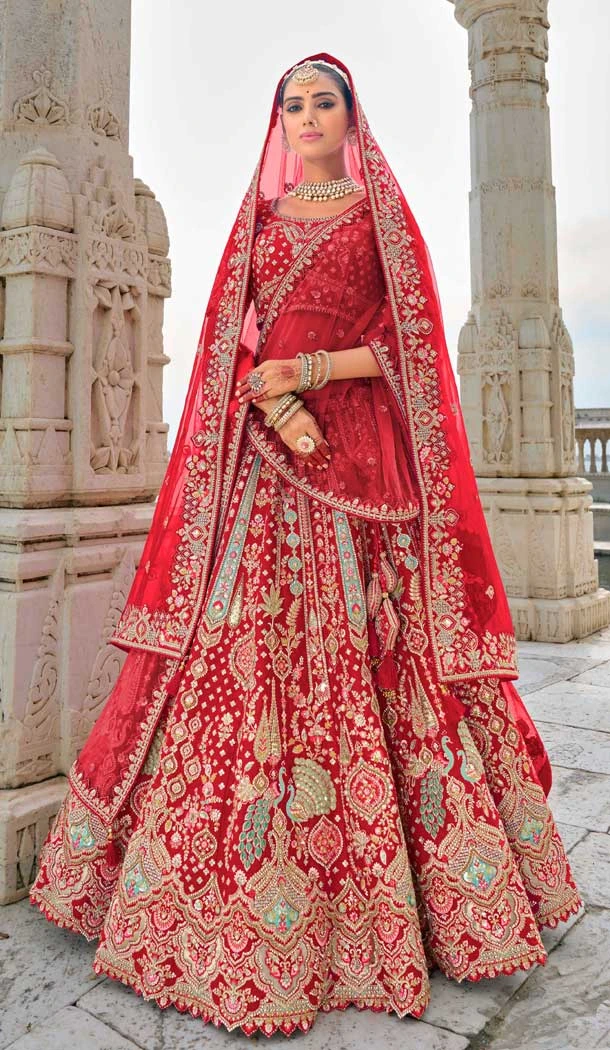 Red Silk Khatli Embroidered Wedding Wear Designer Lehenga Choli - 11103198849