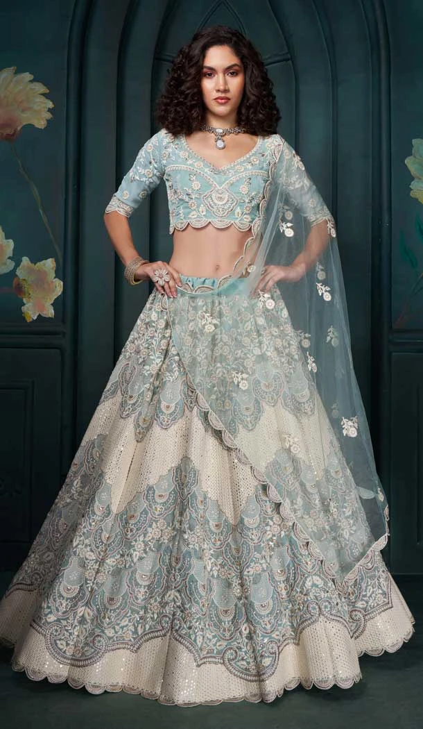 Georgette Embroidered Designer Lehenga Choli In Sky Blue - 11106198856