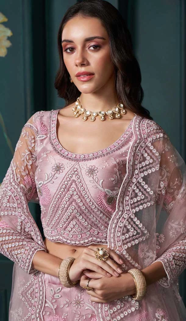 Net Embroidered Designer Lehenga Choli In Dusty Pink - 11106198857