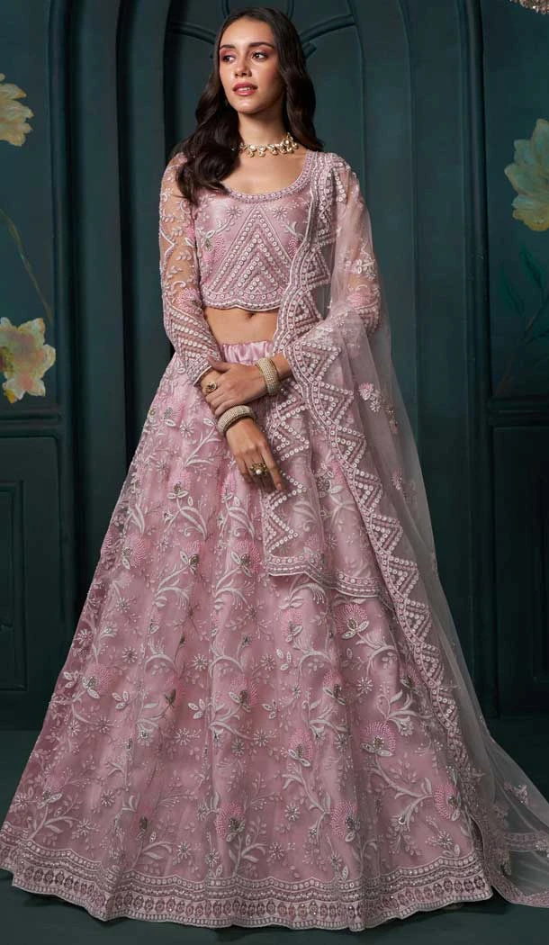 Net Embroidered Designer Lehenga Choli In Dusty Pink - 11106198857