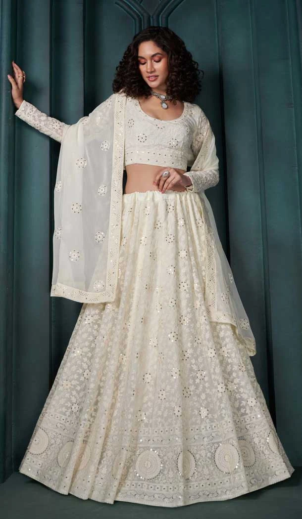 Georgette Embroidered Designer Lehenga Choli In Off White - 11106198858