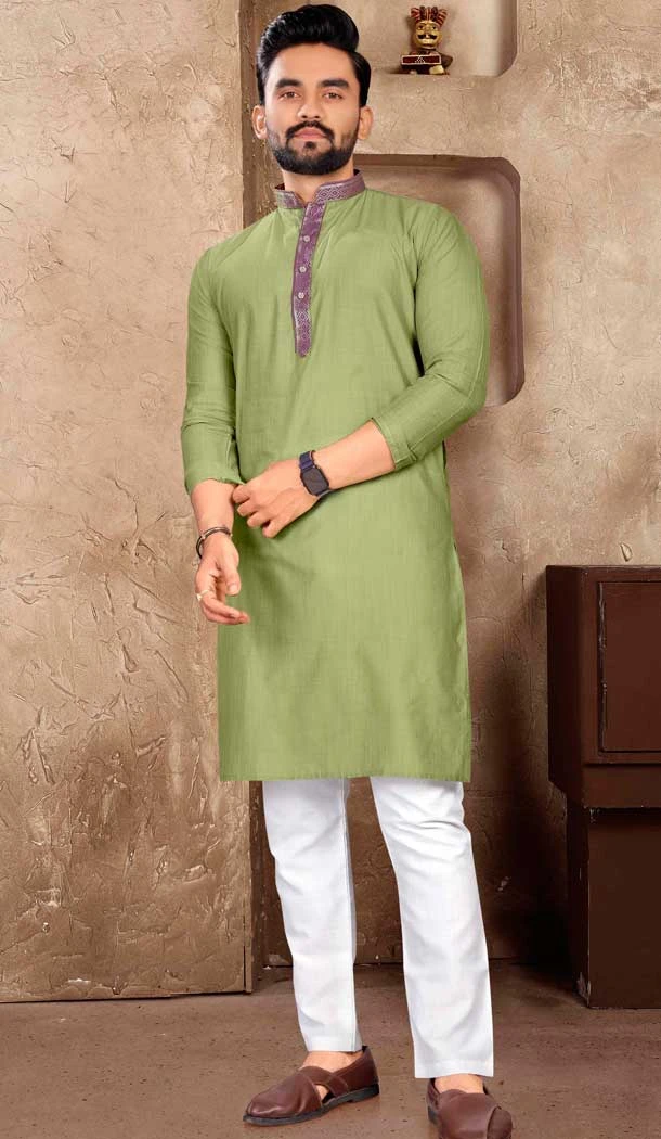 Pista Green Linen Silk Plain Casual Readymade Men Kurta Pajama - 11133199079