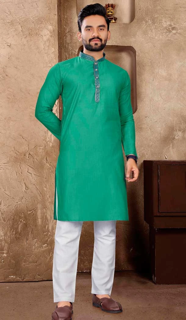 Rama Blue Linen Silk Plain Casual Readymade Men Kurta Pajama - 11133199080