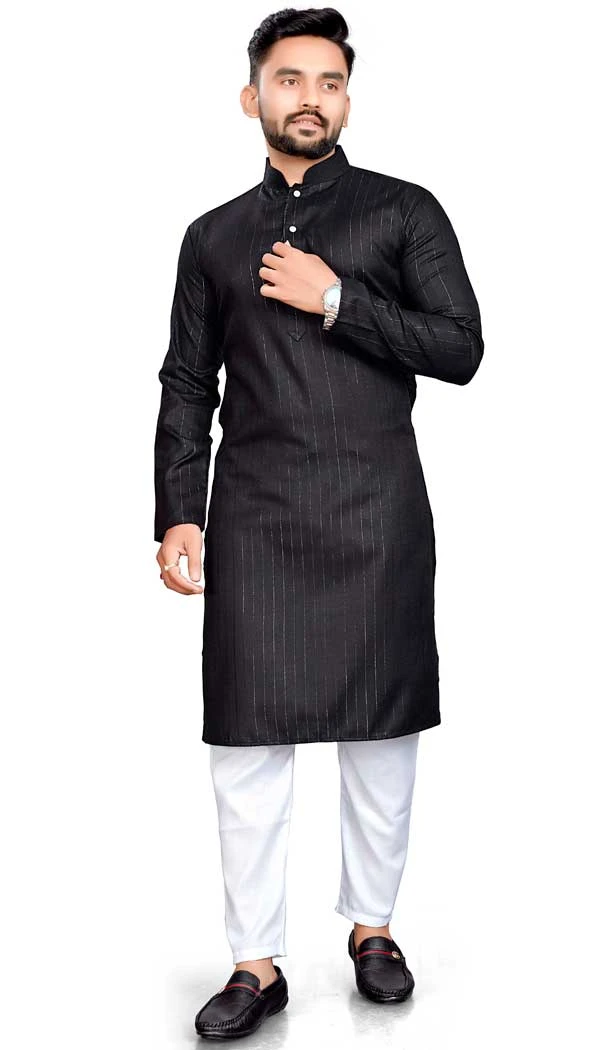 Black Cotton Slub Zari Work Casual Wear Readymade Men Kurta Pajama - 11136199097
