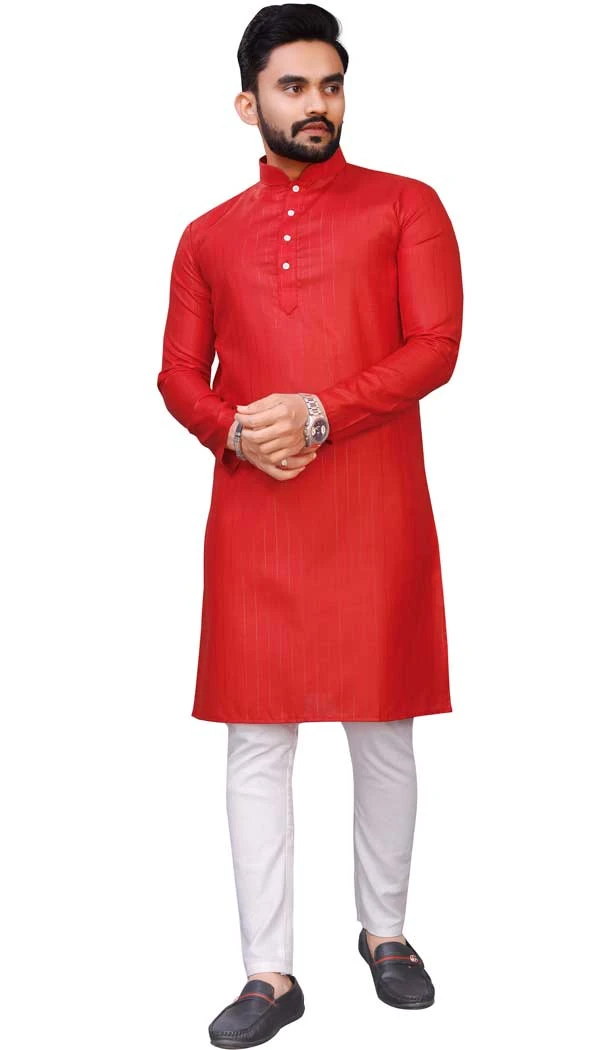 Red Cotton Slub Zari Work Casual Wear Readymade Men Kurta Pajama - 11136199100