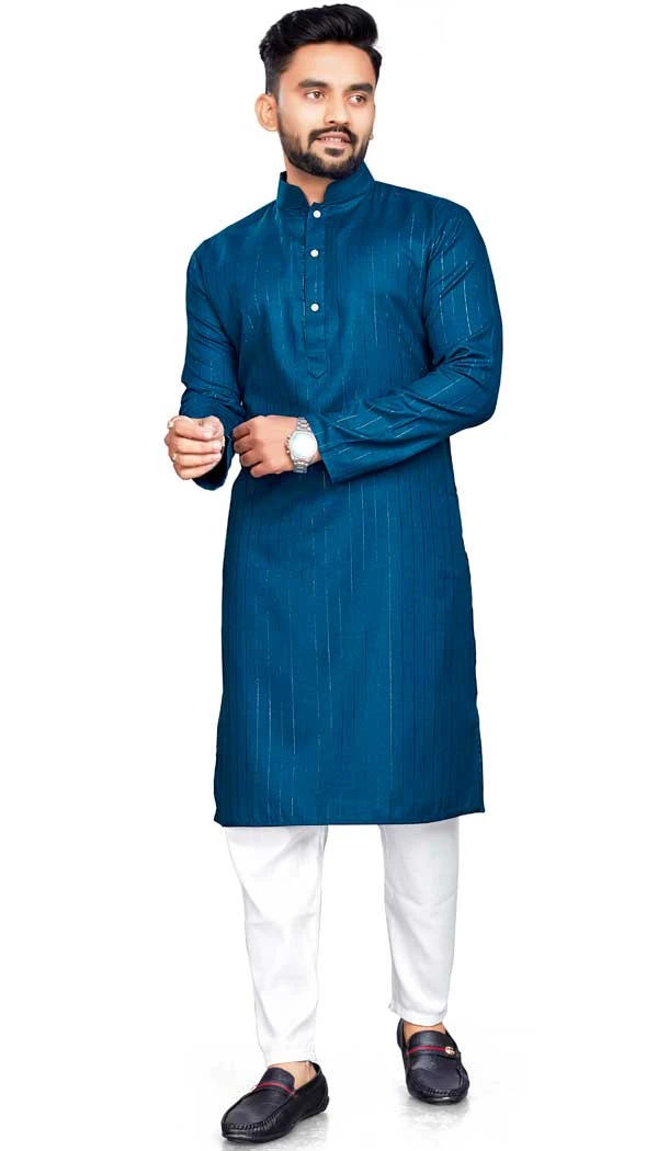 Teal Blue Cotton Slub Zari Work Casual Wear Readymade Men Kurta Pajama - 11136199102