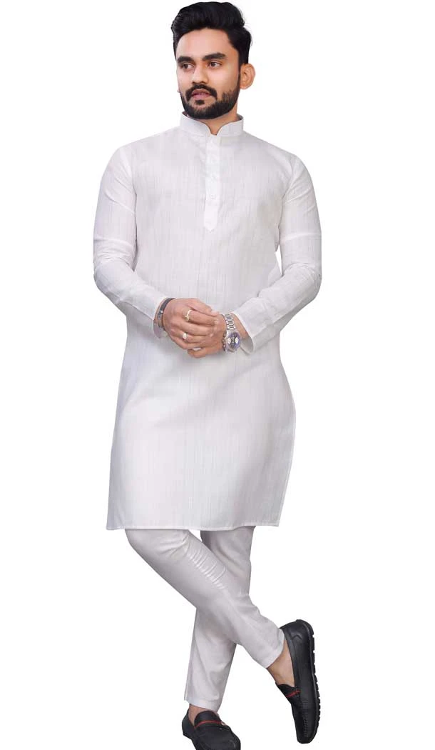 White Cotton Slub Zari Work Casual Wear Readymade Men Kurta Pajama - 11136199103