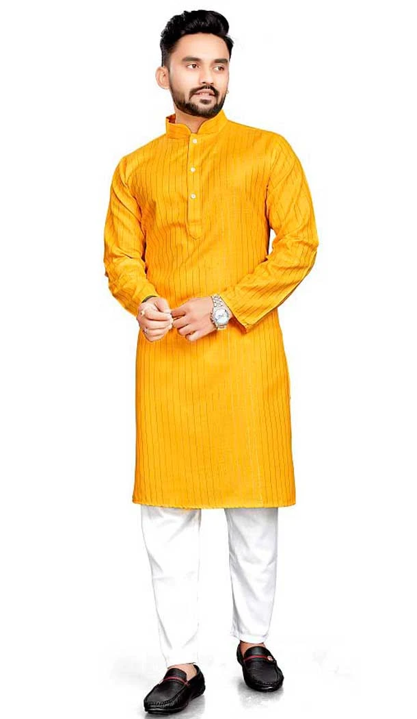 Yellow Cotton Slub Zari Work Casual Wear Readymade Men Kurta Pajama - 11136199105