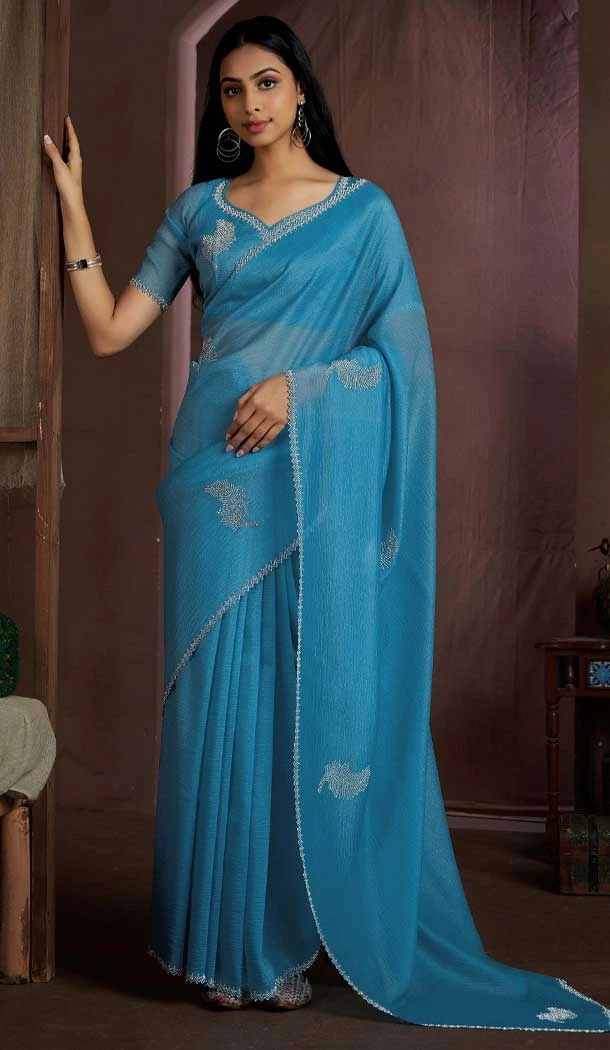 Light Blue Silk Crush Zarkan HandWork Party Wear Saree - 11127199031 Light Blue Silk Crush Zarkan HandWork Party Wear Saree - 11127199031