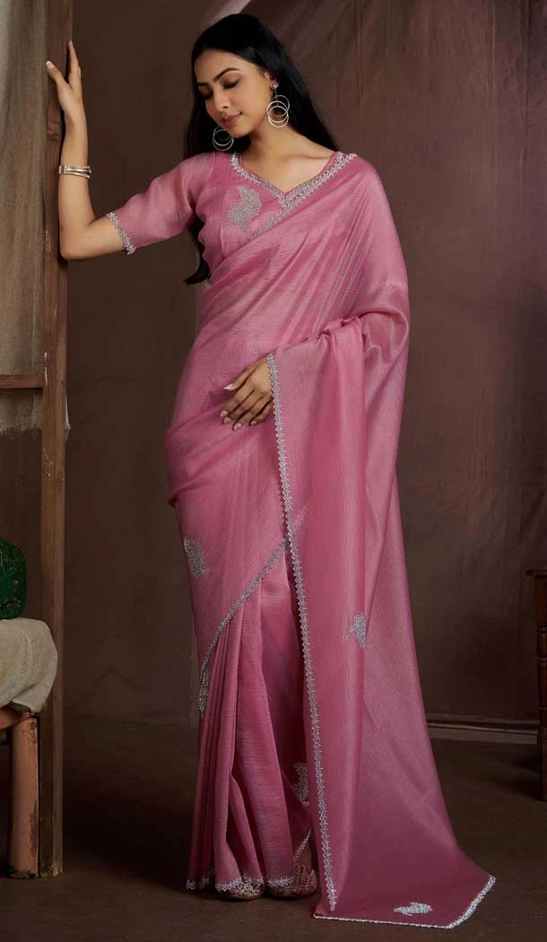 Baby Pink Silk Crush Zarkan HandWork Party Wear Saree - 11127199032 Baby Pink Silk Crush Zarkan HandWork Party Wear Saree - 11127199032