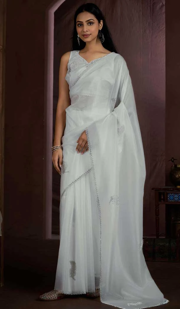 White Silk Crush Zarkan HandWork Party Wear Saree - 11127199033 White Silk Crush Zarkan HandWork Party Wear Saree - 11127199033