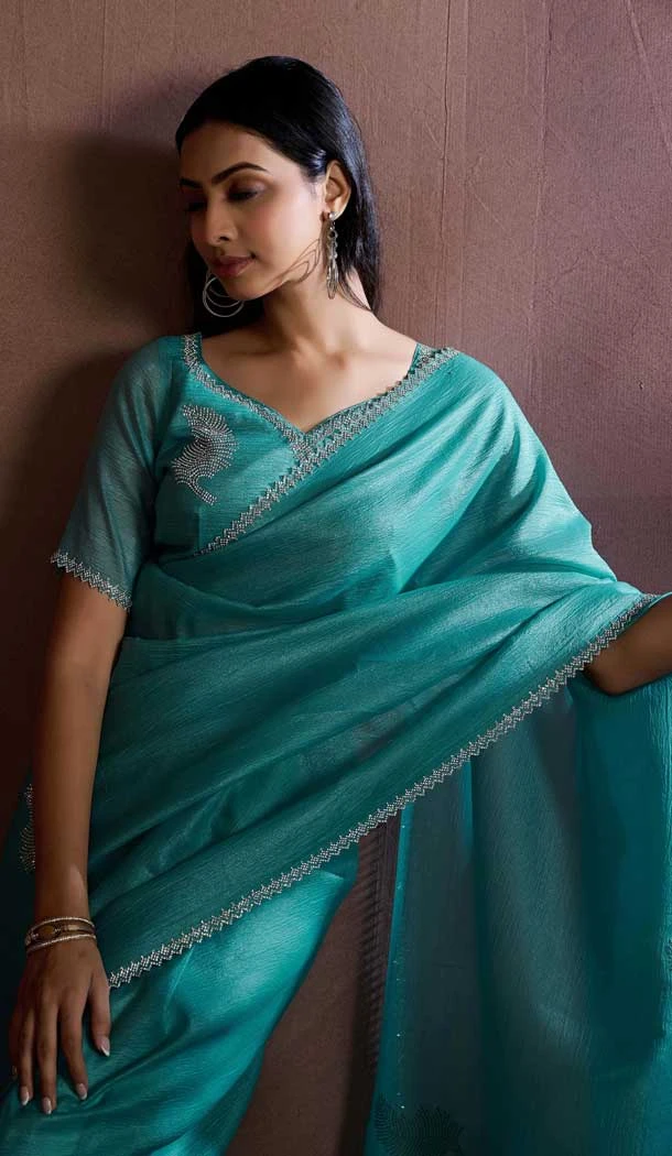 Rama Blue Silk Crush Zarkan HandWork Party Wear Saree - 11127199035