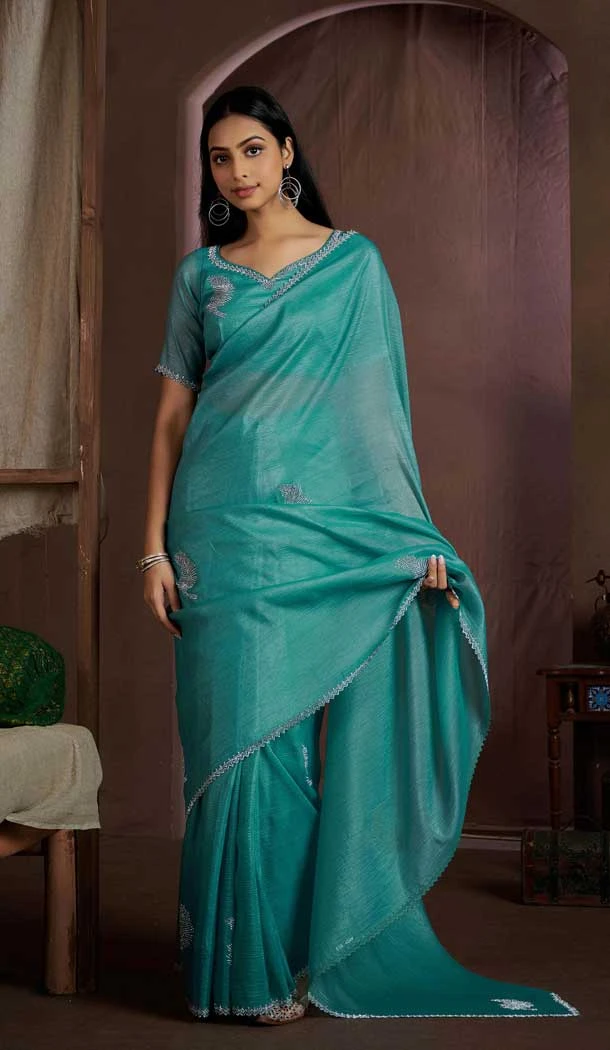 Rama Blue Silk Crush Zarkan HandWork Party Wear Saree - 11127199035