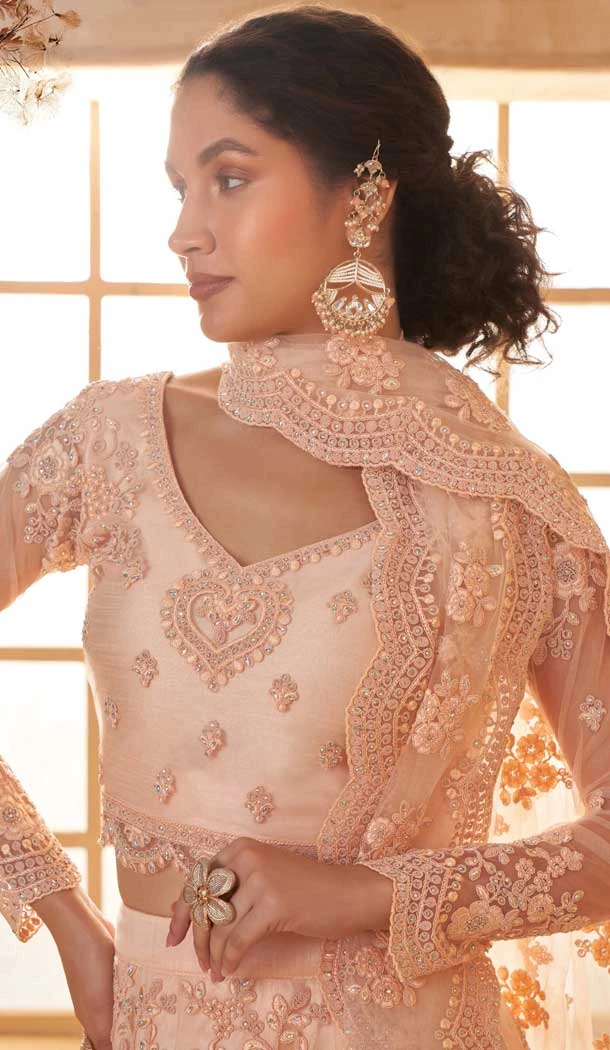 Peach Net Thread Work Designer Wear Lehenga Choli - 11107198860
