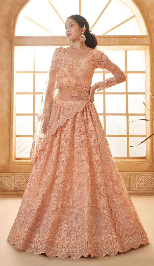 Peach Net Thread Work Designer Wear Lehenga Choli - 11107198860