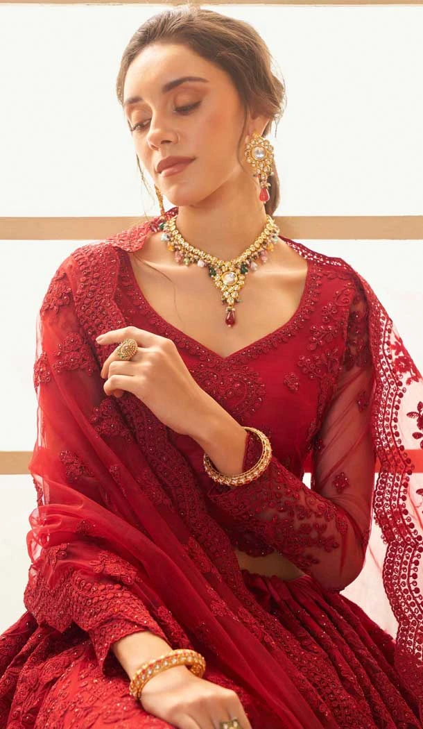 Red Net Thread Work Designer Wear Lehenga Choli - 11107198862