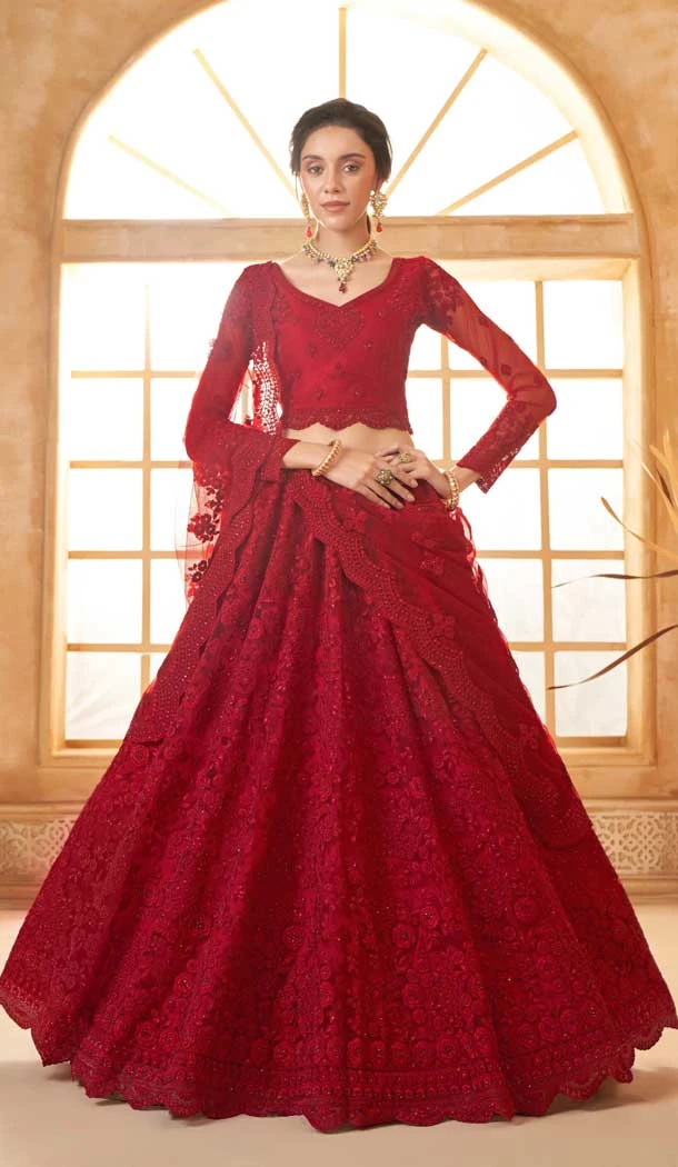 Red Net Thread Work Designer Wear Lehenga Choli - 11107198862