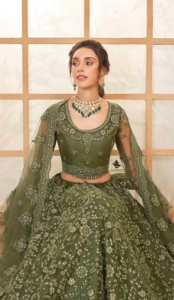 Mehendi Green Net Thread Work Designer Wear Lehenga Choli - 11107198863