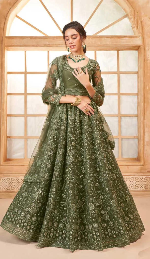 Mehendi Green Net Thread Work Designer Wear Lehenga Choli - 11107198863
