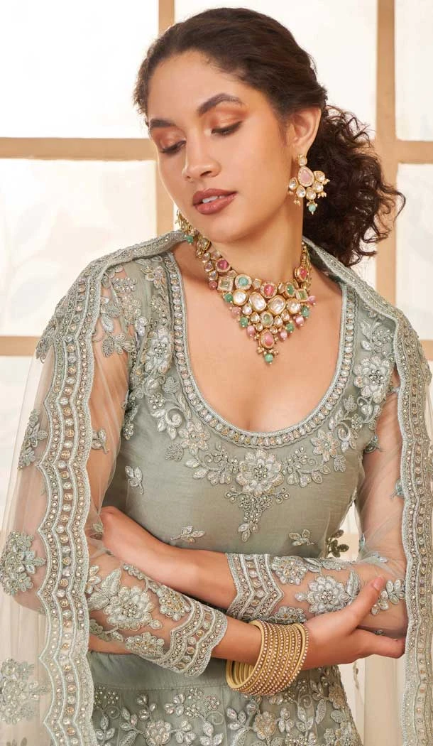 Grey Net Thread Work Designer Wear Lehenga Choli - 11107198864