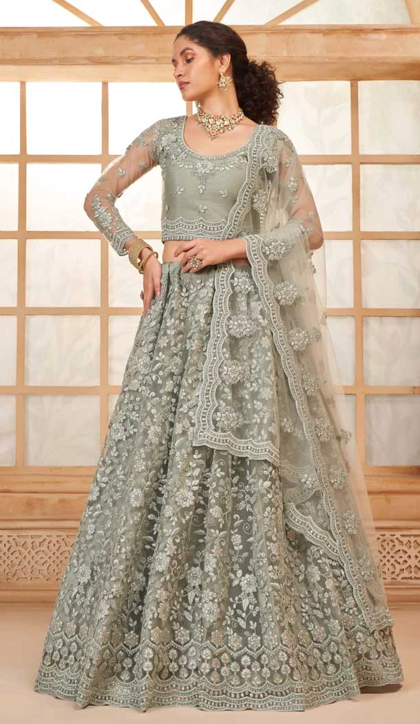Grey Net Thread Work Designer Wear Lehenga Choli - 11107198864
