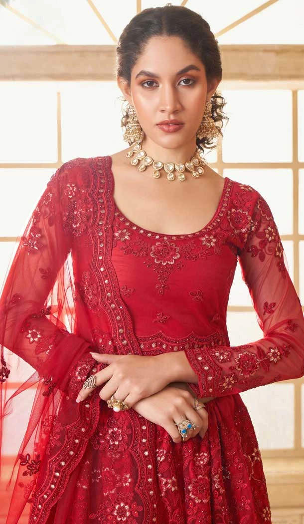 Red Net Stone Work Designer Wear Lehenga Choli - 11107198865