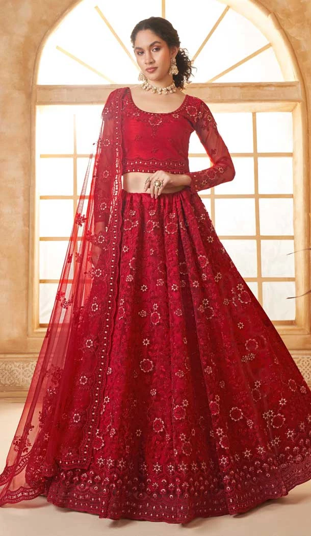 Red Net Stone Work Designer Wear Lehenga Choli - 11107198865