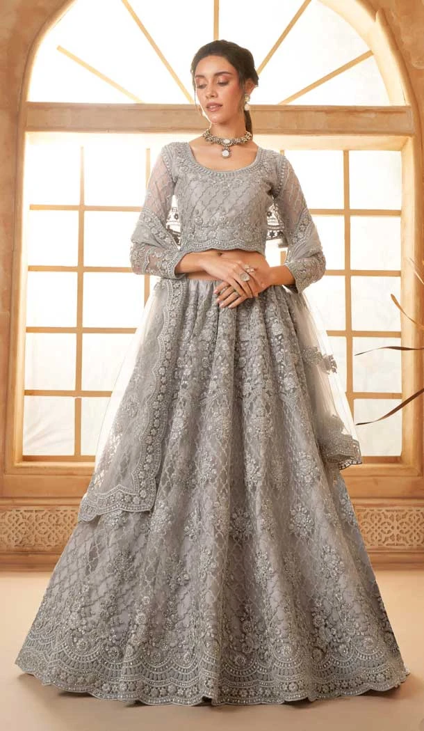 Grey Net Stone Work Designer Wear Lehenga Choli - 11107198866